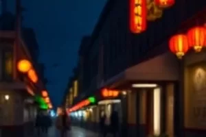 沿海铁轨与远处渔村的清晨景象