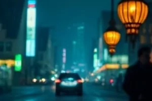 雨夜出租车车窗上流动的街灯光带