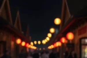 夏日祭灯笼串与人群剪影的夜景